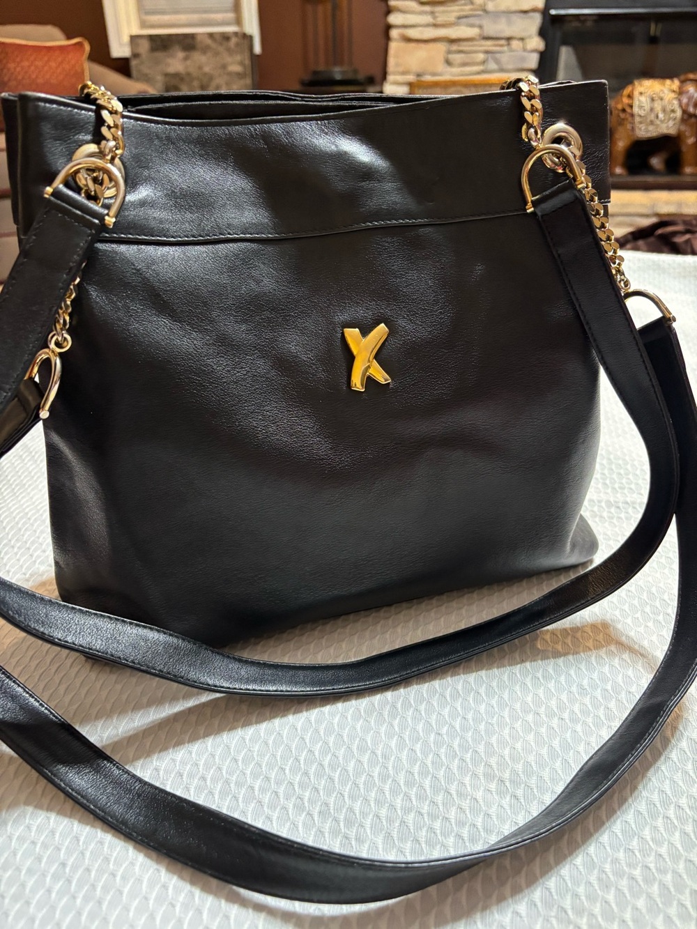 Paloma Picasso Black Leather Shoulder Bag with Gold X Accent